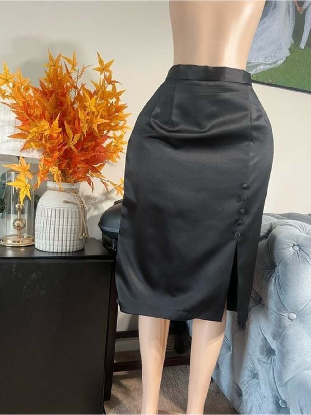 Alex Evenings Black Satin Pencil Skirt with Side Button Slit
